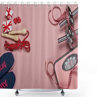 Personality  Dumbbells, Sneakers, Scales, Skipping Rope, Gift Boxes And Red Hearts On Grey Background.Top View With Copy Space. Valentine's Day Card. Fitness, Sport And Healthy Lifestyle Concept. Shower Curtains