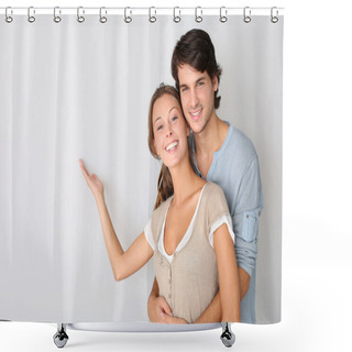 Personality  Young Couple On White Background Designating Message Shower Curtains