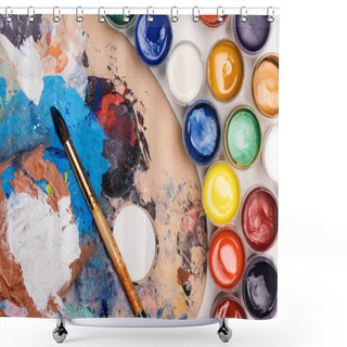 Personality  Top View Of Palette With Gouache Paints And Paintbrush Shower Curtains