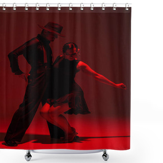 Personality  Passionate Couple Of Dancers In Black Clothing Performing Tango On Dark Background With Red Illumination Shower Curtains
