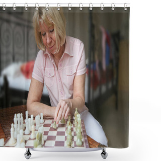 Personality  Senior Woman Plays Chess Shower Curtains