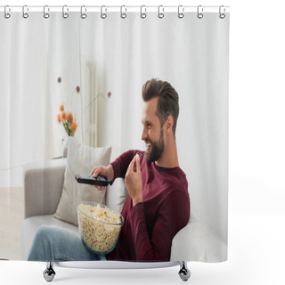 Personality  Laughing Man Eating Popcorn While Watching Comedy Film In Living Room Shower Curtains