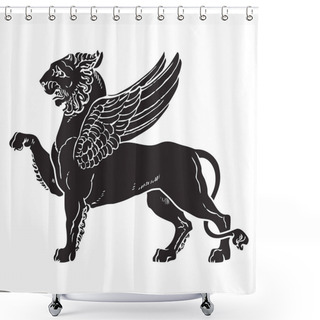Personality  Heraldic Lion With Wings Silhouette Illustration For Invitations, Cards In Vintage Royal Style Shower Curtains