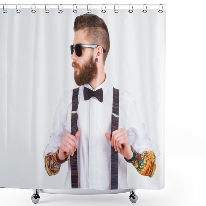 Personality  portrait of a stylish hipster holding his suspenders shower curtains