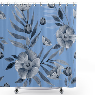 Personality  Seamless Pattern With Delicate Watercolor Monochrome Flowers And Palm Leaves, Hand Painted On A Blue Background. Shower Curtains