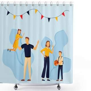 Personality  Vector Illustration Of A Happy Family, Mother Father Daughter Son Holding Hands And Hugging, Complete Prosperous Family Shower Curtains