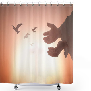 Personality  Easter Sunday Concept: Silhouette Human Open Two Empty Hands With Palms Up And Birds Flying Over Blurred Cross In Church Background Shower Curtains