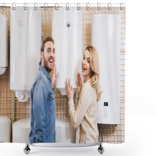 Personality  Smiling Boyfriend And Girlfriend Touching Boiler In Home Appliance Store  Shower Curtains