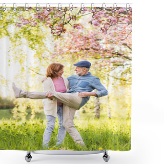 Personality  Beautiful Senior Couple In Love Outside In Spring Nature. Shower Curtains