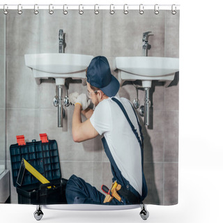Personality  Back View Of Young Professional Plumber Fixing Sink In Bathroom Shower Curtains