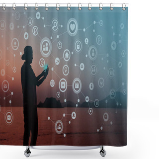 Personality  Always Connected Concept, Silhouette Of Young Human Using Smart Phone To Communicate In Network, Beach Or Countryside As Background Shower Curtains