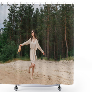 Personality  Full Length Of Positive Young Woman In Sunglasses Holding Straw Hat And Walking Near Forest  Shower Curtains