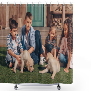 Personality  Multiethnic Kids With Cute Puppies Shower Curtains