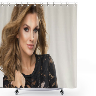 Personality  Portrait Of Beauty Blonde Woman In Dark Room Shower Curtains