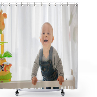 Personality  Smiling Toddler Boy, Playing With Little Rabbit Toy In Crib Shower Curtains