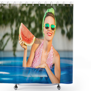 Personality  Woman With Watermelon In Swimming Pool Shower Curtains