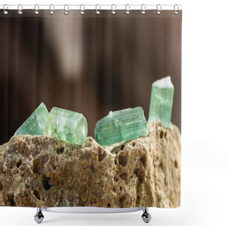 Personality  Set Of Tourmaline Crystals On Rough Stone Background In Natural Light Shower Curtains