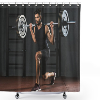 Personality  Young Sportsman Doing Exercise With Barbell On Shoulders In Gym Shower Curtains