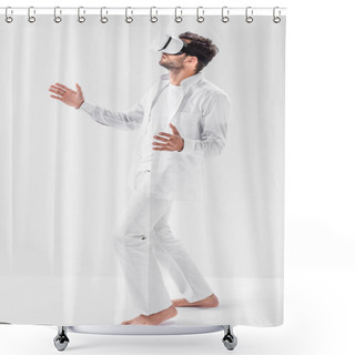 Personality  Adult Man In Total White Wearing Virtual Reality Headset Shower Curtains