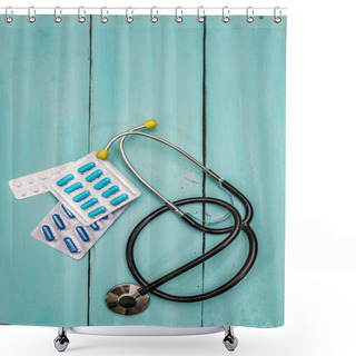 Personality  Clinical Trial Concept. Chalk Board, Stethoscope, Pills. Wooden Boards Background Shower Curtains