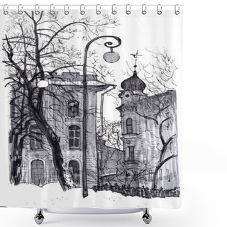 Personality  Famous View Of Saint Petersburg, Russia In Winter. Silhouettes Of Historic Buildings, Trees And Lanterns On Vasilevsky Island. Hand Drawn Sketchy Style Marker Pen Illustration. Shower Curtains