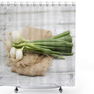 Personality  Spring Onions On Wooden Floor Shower Curtains