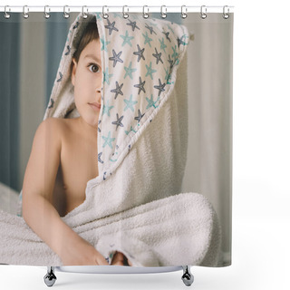 Personality  Cute Kid, Covered With Hooded Towel, Sitting On Bed And Looking At Camera Shower Curtains