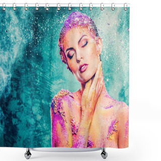 Personality  Beautiful Young Woman With Conceptual Colourful Body Art  Shower Curtains