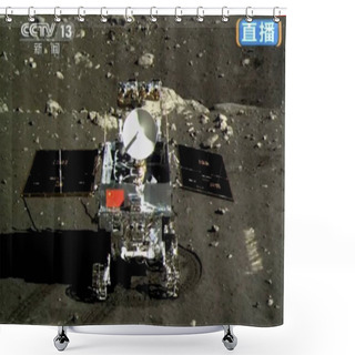 Personality  This TV Grab Taken By CCTV (China Central Television) On 15 December 2013 Shows Chinas First Moon Rover Yutu, Or Jade Rabbit, Taken By The Camera On The ChangE-3 Moon Lander During The Mutual-photograph Process After Soft-landing On The Surfa Shower Curtains