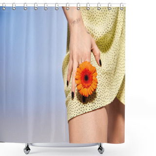 Personality  A Young Woman Delicately Holds A Flower In Her Hand, Exuding A Sense Of Peace And Connection To Nature. Shower Curtains