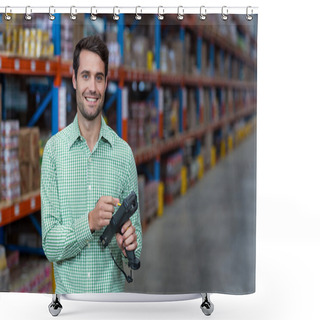 Personality  Worker Using Hand Held Computer  Shower Curtains