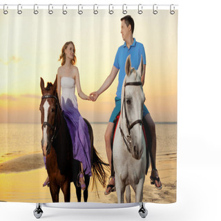 Personality  Two Riders On Horseback At Sunset On The Beach. Lovers Ride Hors Shower Curtains