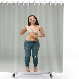 Personality  Happy And Overweight Asian Girl In Bra Measuring Waist And Showing Thumb Up On Grey  Shower Curtains