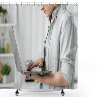 Personality  Cropped View Of Focused Young Woman In Grey Shirt Holding And Using Laptop In White And Modern Kitchen, Blurred Background, Remote Lifestyle, Freelancer, Work From Home, Self-employed Shower Curtains