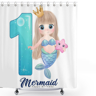 Personality  Cute Doodle Mermaid With Number For Birthday Party Illustration Shower Curtains