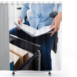 Personality  Cropped View Of Businesswoman Holding Folder With Papers Near Open Cabinet Driver On White Background Shower Curtains