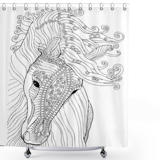 Personality  Horse. Hand Drawn Picture. Sketch For Anti-stress Adult Coloring Book In Zen-tangle Style. Vector Illustration For Coloring Page. Shower Curtains