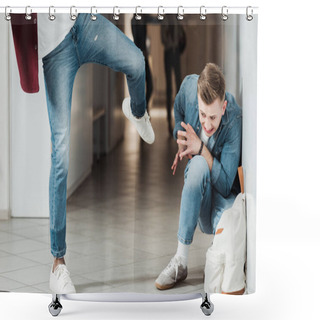 Personality  Cropped View Of Two Students Fighting In Corridor In College Shower Curtains