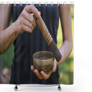 Personality  Cropped Image Of Woman Making Sound With Tibetan Singing Bowl Shower Curtains