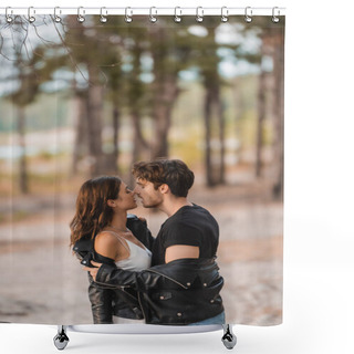 Personality  Side View Of Man Kissing And Taking Off Leather Jacket From Girlfriend In Forest  Shower Curtains