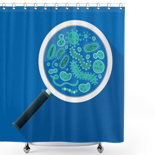Personality  Green Germs And Magnifying Glass On A Blue Background - Vector Illustration Shower Curtains