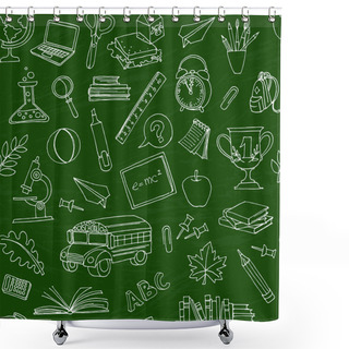 Personality  Back To School Seamless Pattern Of Kids Doodles With Bus, Books, Shower Curtains
