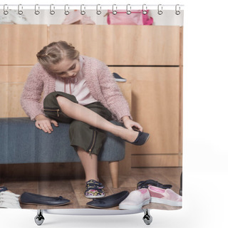 Personality  Kid Sitting And Trying On New Shoes At Store  Shower Curtains