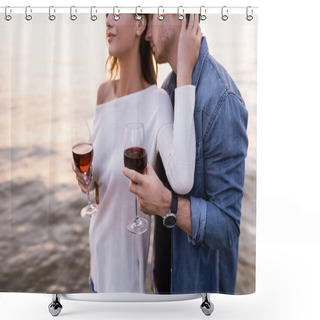 Personality  Cropped View Of Woman Touching Boyfriend While Holding Glass Of Wine Near Sea  Shower Curtains