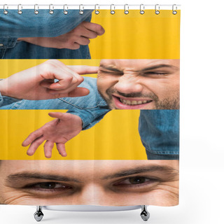 Personality  Collage Of Man In Denim Shirt Grimacing And Gesturing Isolated On Yellow Shower Curtains