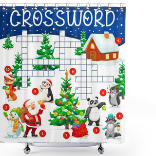 Personality  Christmas Tree, Animals And Santa With Gifts, Crossword Grid Worksheet, Find A Word Vector Quiz Game. Kids Crossword Puzzle With Christmas Cartoon Snowman, Penguin, Panda And Fox With Gifts Shower Curtains