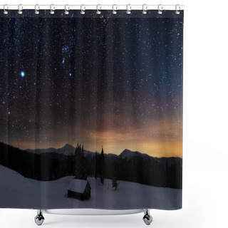 Personality  A Bright Starry Night In The Mountains With The Milky Way In The Sky, Venus And Millions Of Stars Highlighting Beautiful Mountain Huts In The Valley. Shower Curtains