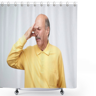 Personality  Mature Caucasian Man In Yellow Tshirtwith Disgust On His Face Pinches Nose. Something Stinks, Very Bad Smell. Negative Emotion Facial Expression Shower Curtains
