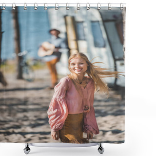Personality  Smiling Hippie Girl Dancing While Man Playing Guitar Near Campervan Shower Curtains