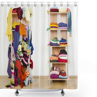 Personality  Before Untidy And After Tidy Wardrobe With Colorful Winter Clothes And Accessories. Shower Curtains